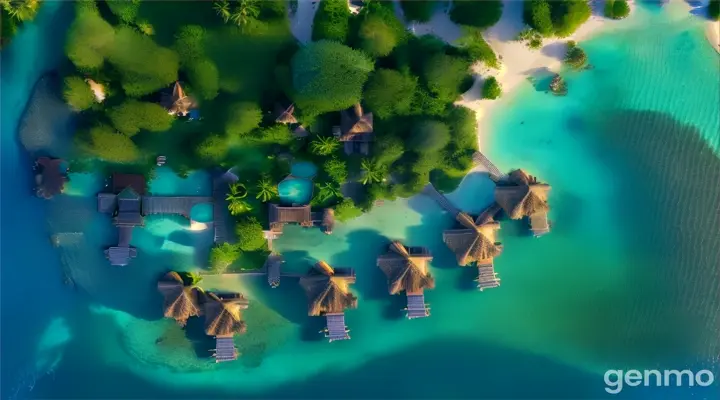 Create stunning 4K aerial videos showcasing the pristine turquoise waters, lush greenery and luxurious overwater bungalows of a tropical island resort. Videos should capture intricate details, emphasize vibrant colors, and a tranquil atmosphere. Start with a wide-angle shot and gradually zoom in to highlight the resort's unique features and natural beauty.