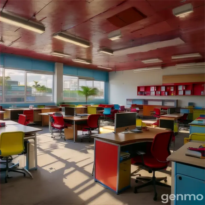 a room filled with lots of desks and chairs