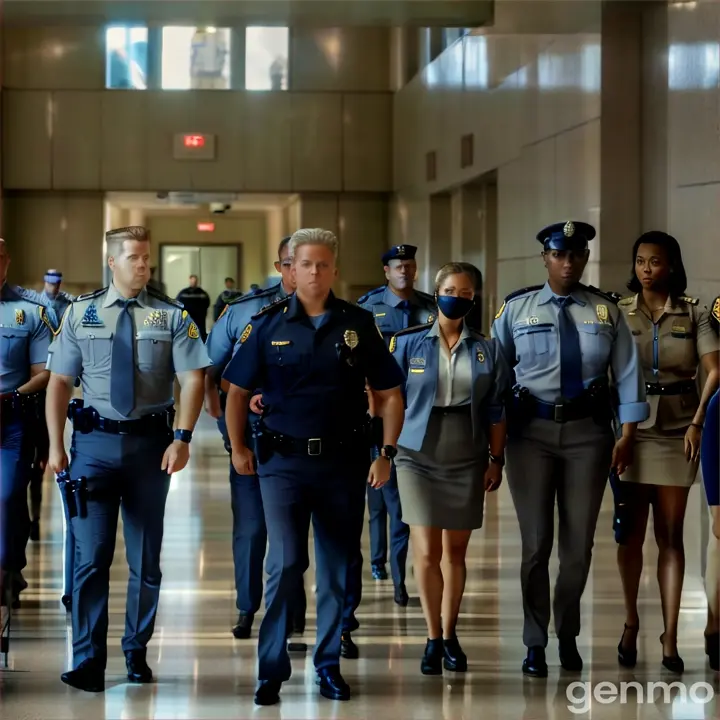 a group of police officers walking down a hallway