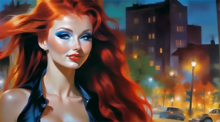 a woman with red hair blowing in the wind