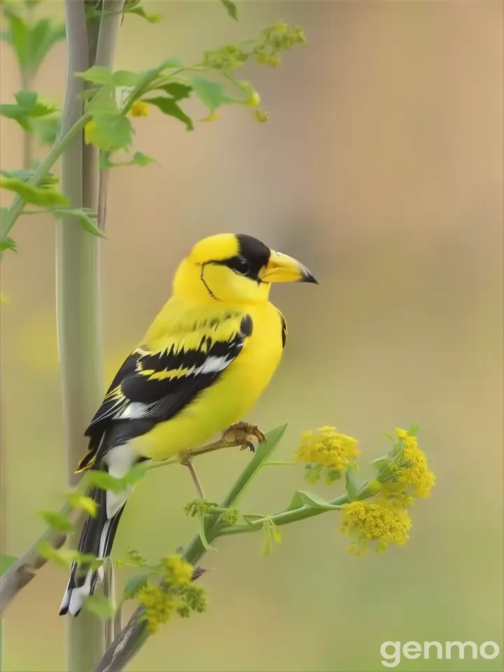 a yellow and black bird sitting on top of a green plant