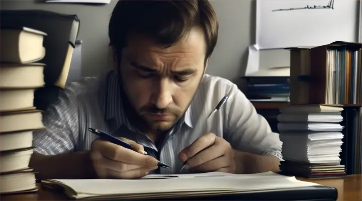 Scene: Close-up of a  man sitting at a cluttered desk, surrounded by crumpled paper and ink pens.Characters: The  man, deep in thought, scribbling on a piece of paper.Objects: Old-fashioned ink pen, stacks of letters, and a photo of a woman pinned to the wall.Details: The camera focuses on the intensity of his expressions, showing his determination.