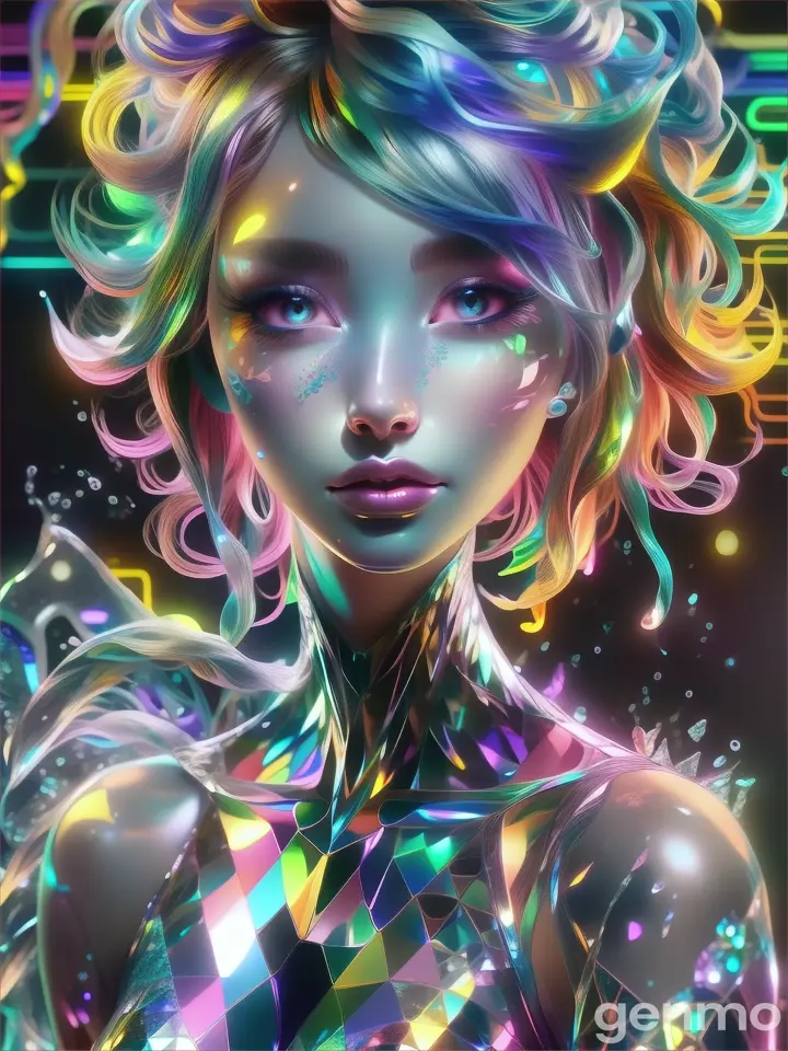 A beautiful woman surrounded by neon lights, graphic shapes and patterns