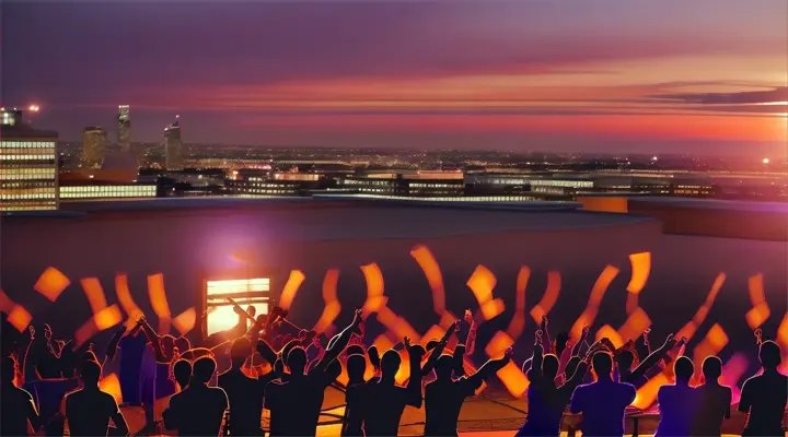 rooftop party at sunset, with people dancing and celebrating. In the foreground, a djembe player is captured mid-performance, their hands blurred in motion. The background includes the city skyline, colorful string lights, and silhouettes of people dancing against the evening sky. 