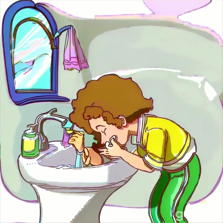 a girl washing his face in a sink