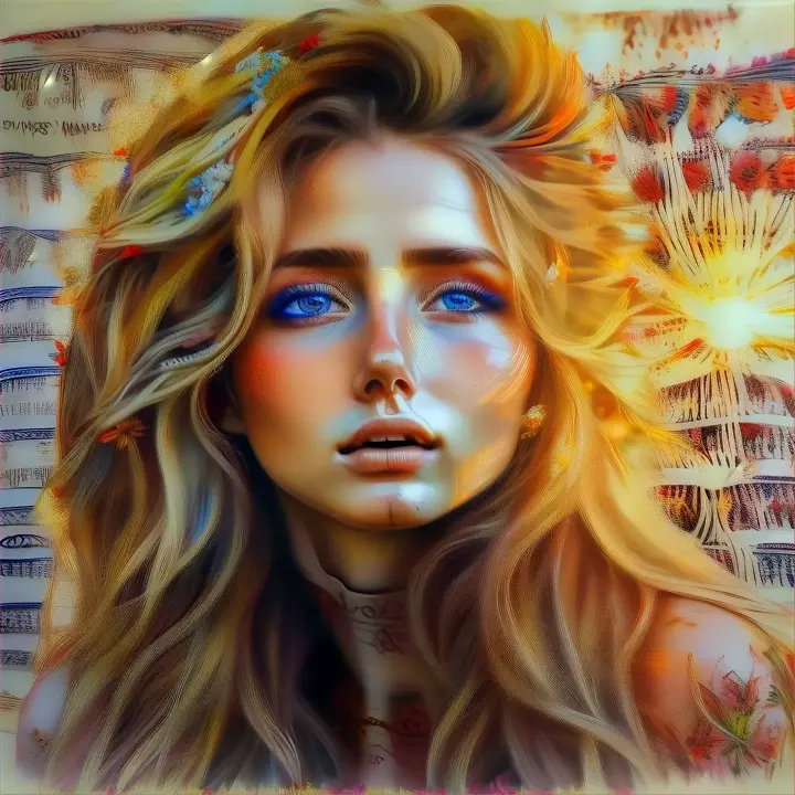 realistic video of a woman: Woman with blue eyes wearing a big floral headdress amid a wildflower garden with  blue eyes and developing hair.