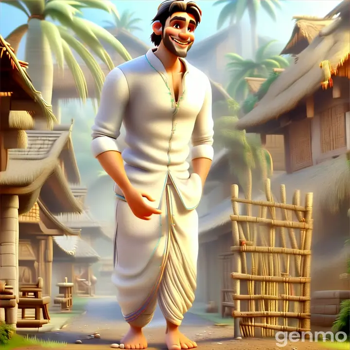 a  tall father wearing white shirt and dhoti  bare foot smiling happily   standing infront of small bamboo gate  village at morning  3D animation  cartoon 