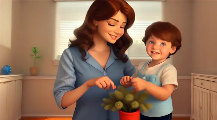 3d animation, disney pixar style, female peditrician, male toddler with brown hair and blue eyes on a scale, mother with brown hair, blue eyes, beside. all are smiling. The room should be bright, friendly and also contain two plants and toys for toddlers