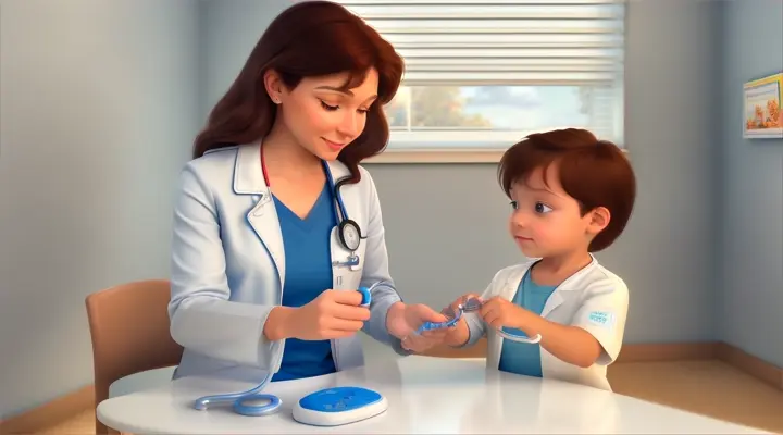 "Create a Disney-Pixar 3D style video. A mother with brown hair and blue eyes is with her three-year-old son, a toddler with brown hair and blue eyes, at a friendly young pediatrician's office. The pediatrician, a young woman, is wearing a white coat and has a stethoscope around her neck. The toddler is being weighed on a scale. The scene is bright and friendly with everyone smiling."