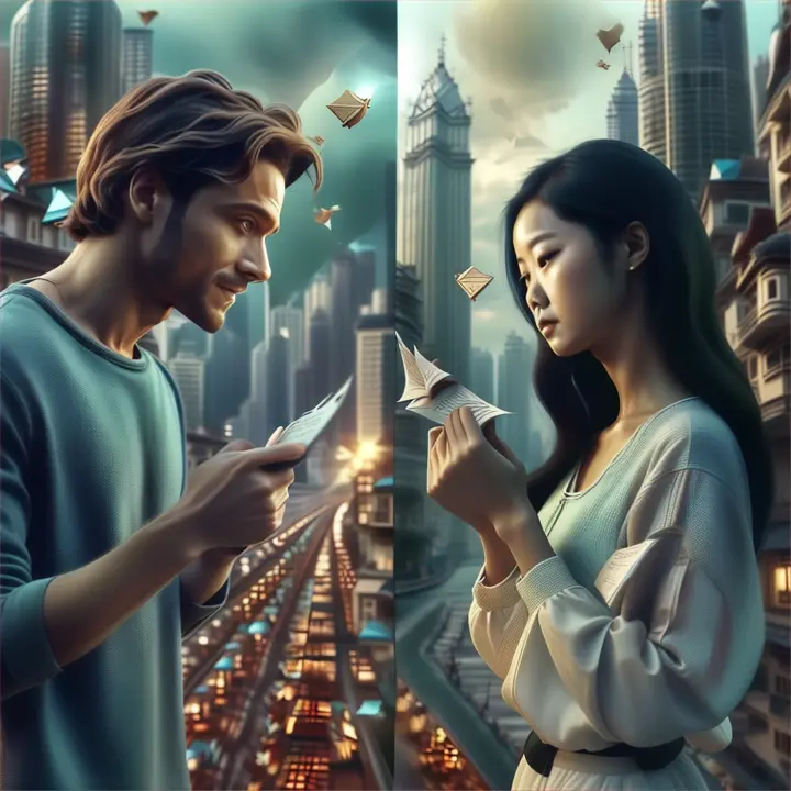 Scene: A man and woman in love walking through their respective cities, holding letters close to their hearts.Characters: The  man and the woman in love, separately but in parallel scenes.Objects: The letters, cityscapes.Details: Split-screen showing their parallel lives and the connection through the letters.