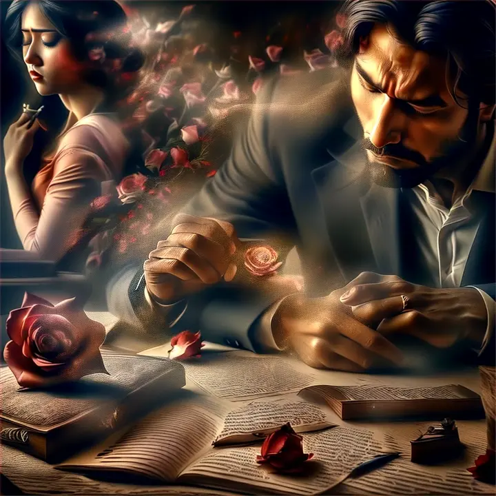 Scene: The man writing the final letter, with intense focus.Characters: The man, the woman in love  in his thoughts.Objects: The final letter, a rose, a small box.Details: Close-up of his face, showing his emotions as he writes his heart out.