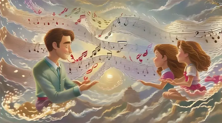 a man and a woman sitting on a cloud with musical notes