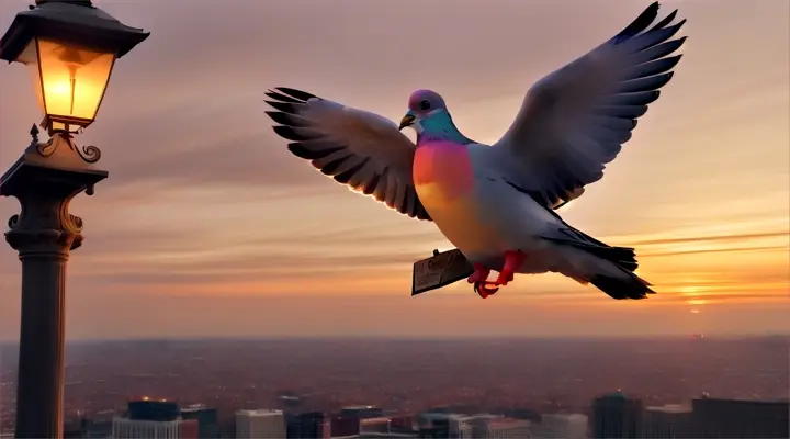 Scene: An aerial view of the city, transitioning into a close-up of a pigeon carrying a love letter.Characters: The pigeon as the messenger.Objects: The love letter tied to the pigeon's leg.Details: The pigeon flying over various landmarks, symbolizing the journey of the letter.