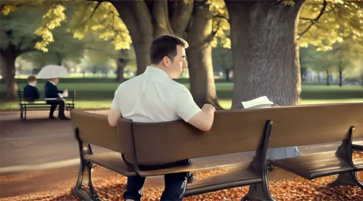 Scene: A man at a park, reading the reply under a large tree.Characters: The man, children playing in the background.Objects: The letter, a park bench.Details: The serene setting and his thoughtful expression highlight the connection he feels.