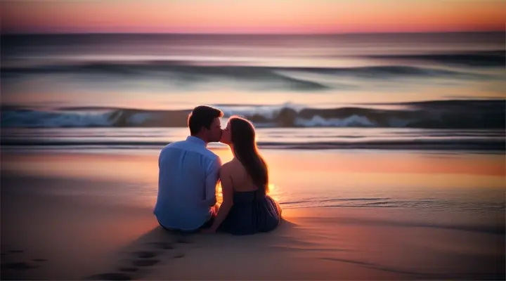 Scene: A romantic evening by the beach, the man and the woman in love sitting by a bonfire.Characters: The  man and woman, gazing into each other's eyes.Objects: The bonfire, a blanket and moon.Details: The flickering flames and the sound of waves add to the intimate atmosphere.