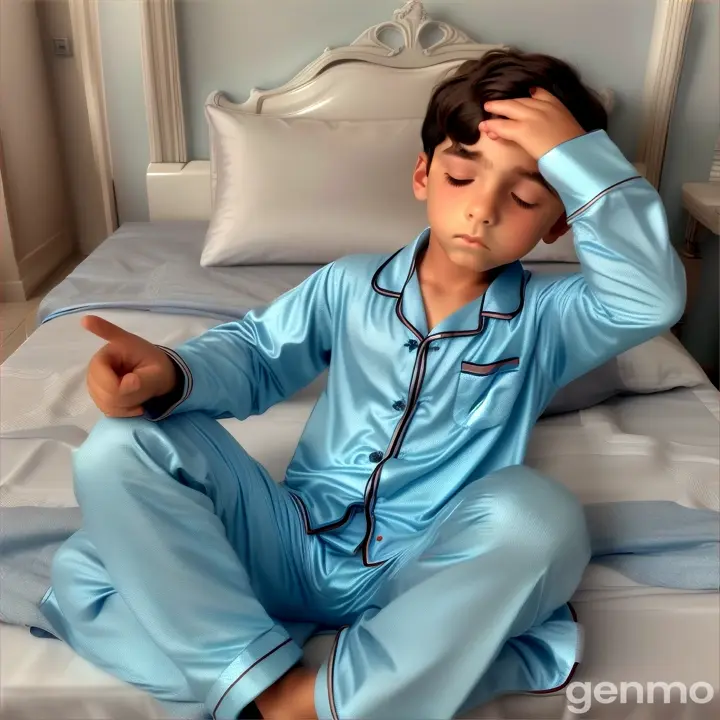 a young boy in a blue pajama sitting on a bed and dreaming he saw him self in a luxury house with servants 