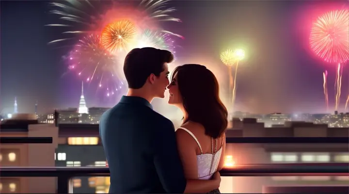 Scene: The man and the woman in love on a rooftop, watching colorful fireworks Characters: The man and woman in love, holding each other.Objects: The fireworks, the city skyline.Details: The bright fireworks illuminate their faces, showcasing their joy and the culmination of their love story.