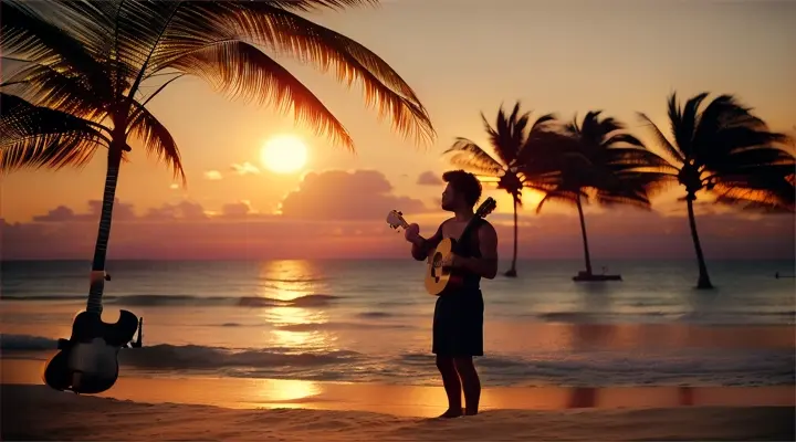 a dusk-lit beachfront, with the silhouette of a musician strumming a ukulele in the foregroundhttps://videos.holog.world/