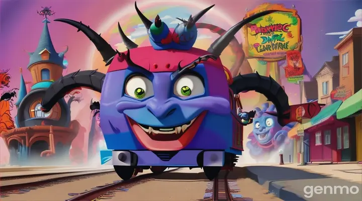 Cartoon monster-train hybrid, merging Thomas's face with a spider's body and horns, surrounded by a devils wonderland