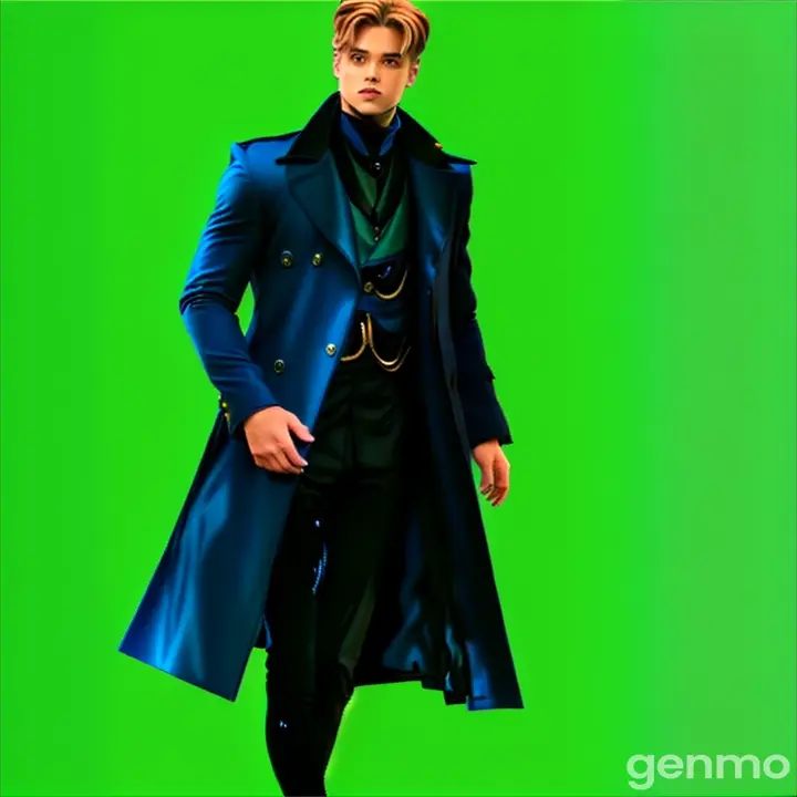 a man in a blue coat and black pants, Man eyes blinking 