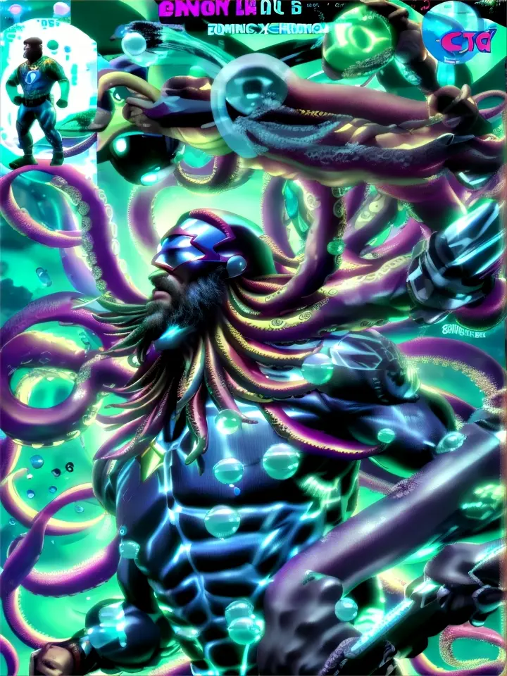 comic book, superhero, handsome African American man, tentacles coming out of beard, powerful