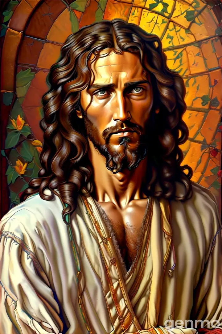 a painting of jesus with his arms crossed