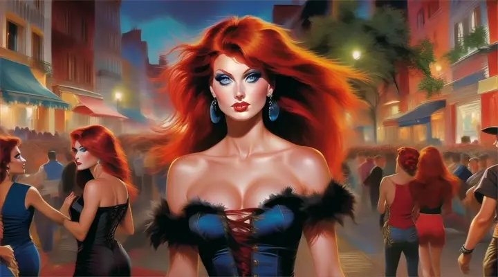 a woman a street part with red hair blowing in the wind