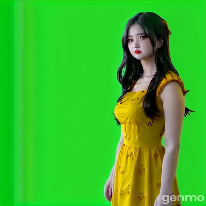 a woman in a yellow dress posing for a picture and eyes blinking 