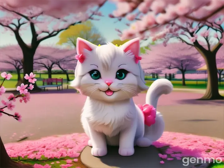 A cartoon and drawing of cherry blossom cake cat playing at the park