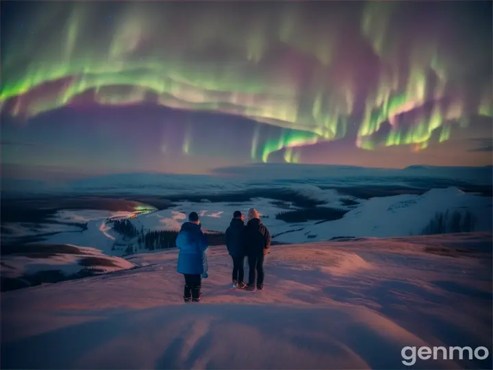 Two best friends standing on a desolate hill, watching Northern Lights shimmer in the sky above