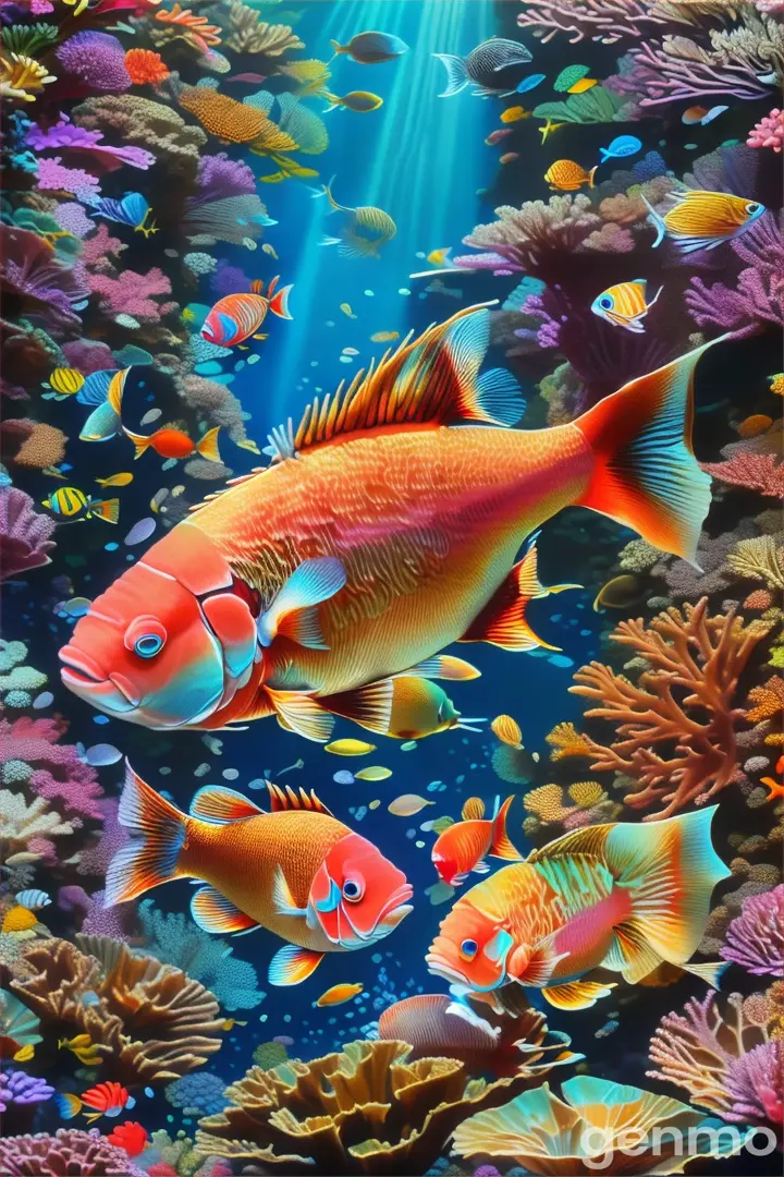 a painting of a fish in a coral reef