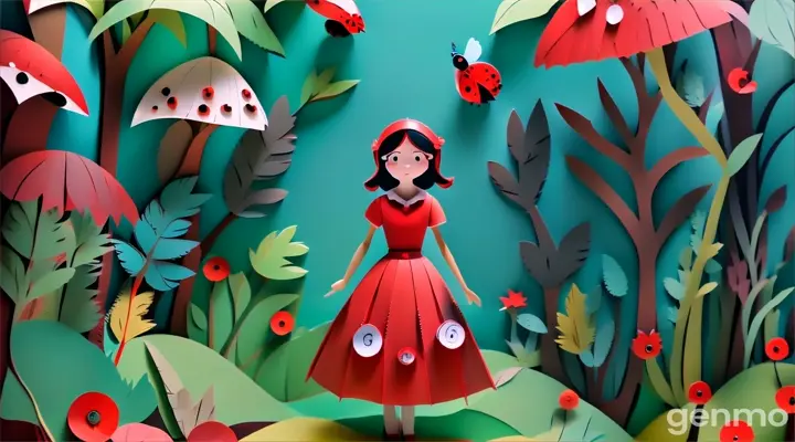 a woman in a red dress standing in a forest