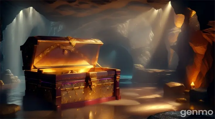 Inside the cave, a large chest filled with shining gems and gold.