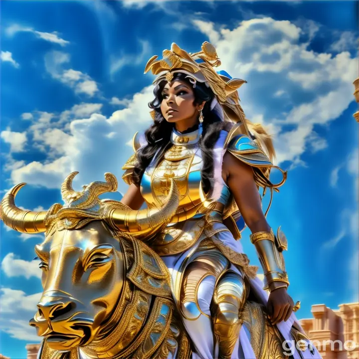 a woman dressed in a costume riding a bull