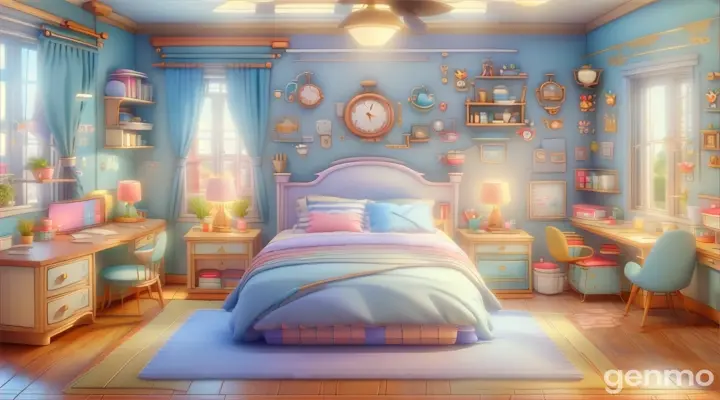 a cartoon bedroom with a bed, desk, and dresser