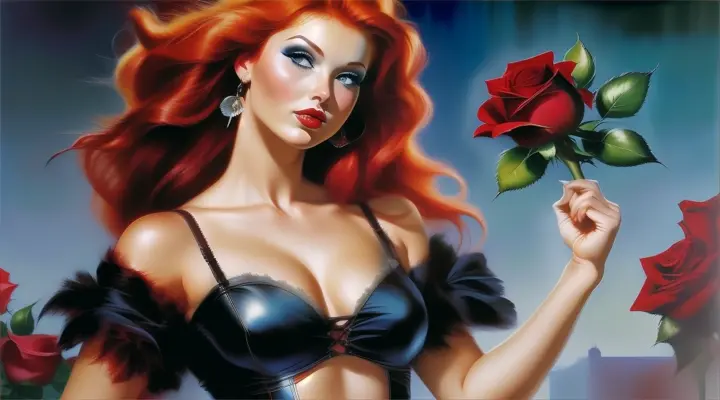 a woman with red hair blowing in the wind, holding a rose