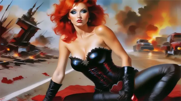 a woman with red hair holding a red heart while sitting in front of an explosion