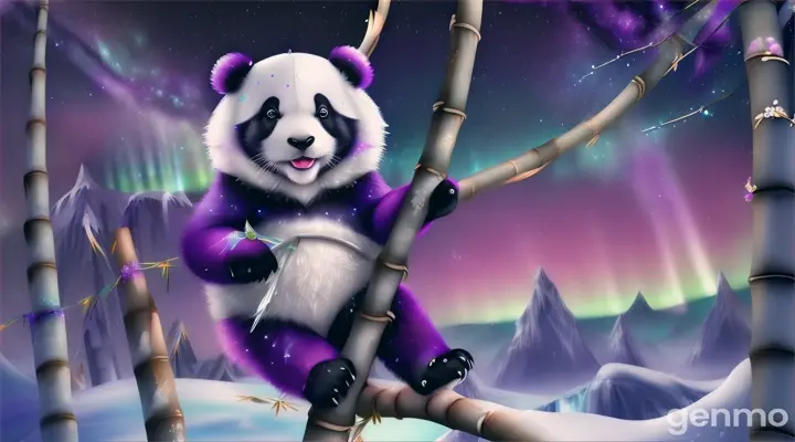 a sily cute funny white and purple panda climbing a bamboo tree, lightsin sky   in ice land 16;9