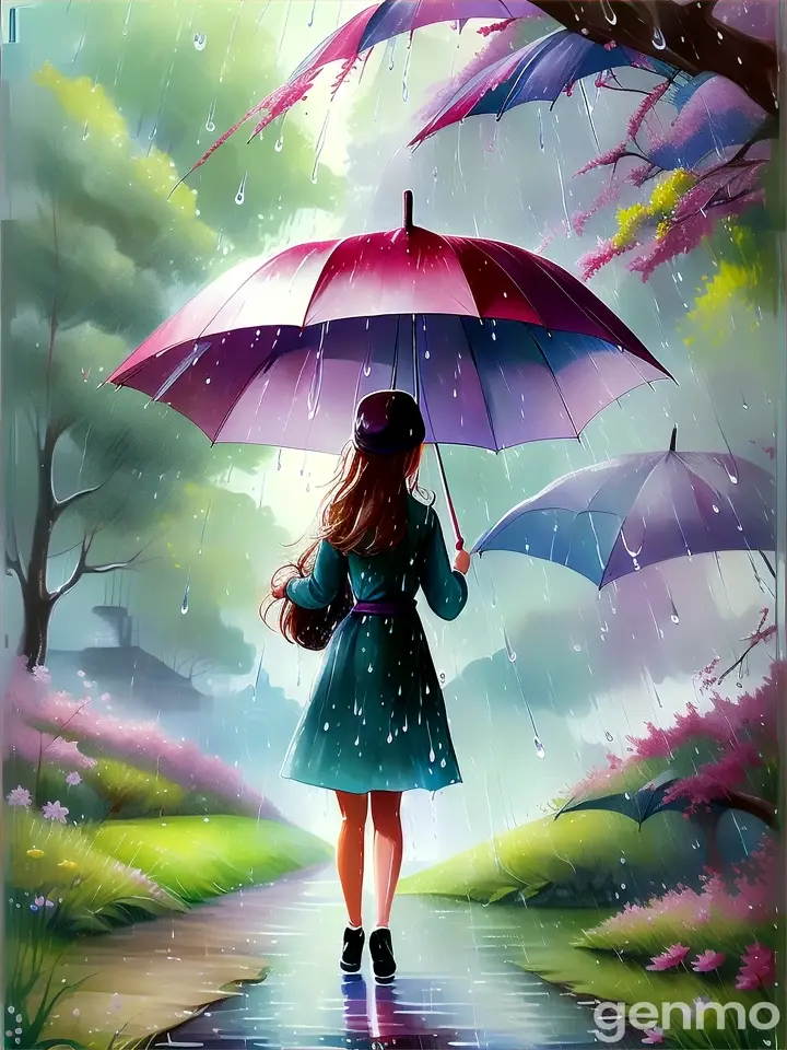 a painting of a girl holding an umbrella in the rain