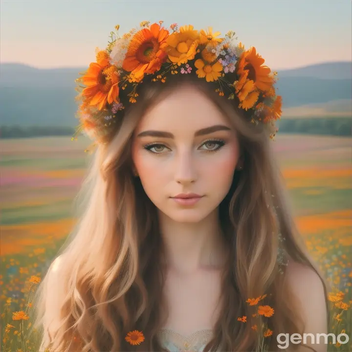 Watercolor portrait captures a woman adorned with a dried flower crown sitting in a field of wildflowers, 

radiant orange halo surrounding her head, 

embodying the essence of a flower goddess, 

floral headdress intricately woven into her hair, 

evoking the artistic style of Justina Blakeney, 

with a backdrop of vibrant, 

blooming flora, 

ethereal, 

ultra fine, 

digital painting.