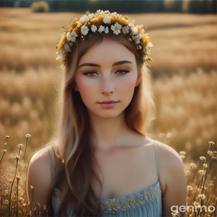 Woman with ultra-realistic floral crown in a sprawling field of dried wildflowers, surrounded by bokeh spots arranged in golden ratio