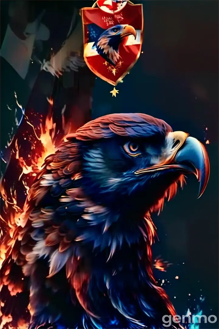 a picture of an eagle with a flag in the background