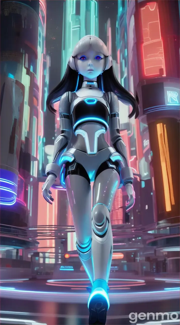 Little futuristic sci fi cute baby girl looks like human doll, in white futuristic outfit, glowing blue dutch eyes wering three quarter black and steel  shorts and top and wavy long hair is running speedily through roads of futuristic city of Usa, perfect prominent features,  professional video, perfect movements and animations please, 9:16 ratio