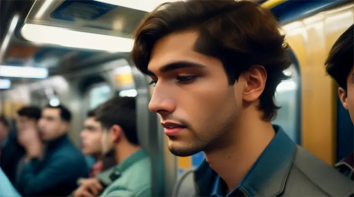 An Albania  tall young man with short hair and brown eyes riding the subway singing