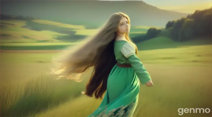 Once upon a time, in a quaint village nestled among lush green hills, lived a beautiful young girl named Elara. Her long, flowing hair, like a sandy river, cascaded down her back, shimmering in the light. Her deep mahogany brown hair, with its gentle waves, swayed and danced as she moved.