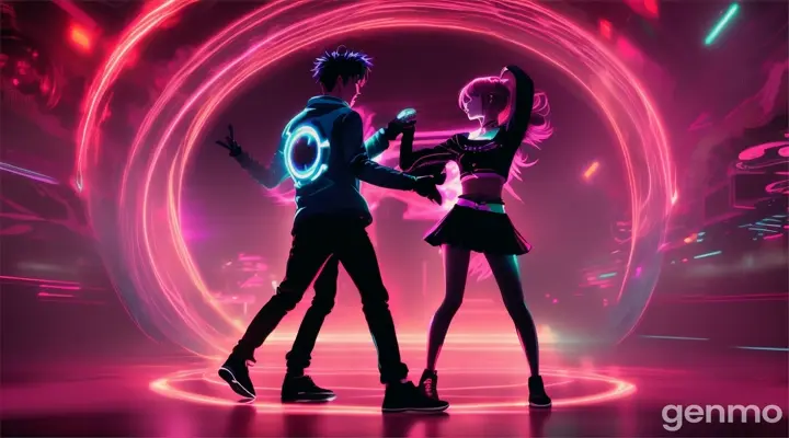 anime-style dark dance club with 2 clubbers dancing