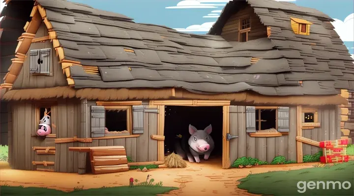 1 wolf(cartoon), large and gray, with intelligent eyes and an elongated snout, blows hard in front of the straw houses. The straw house is collapsing. The two little pigs (cartoon), (the small one with a straw hat and the medium one with a tool belt) run scared towards the third little pig's brick house.