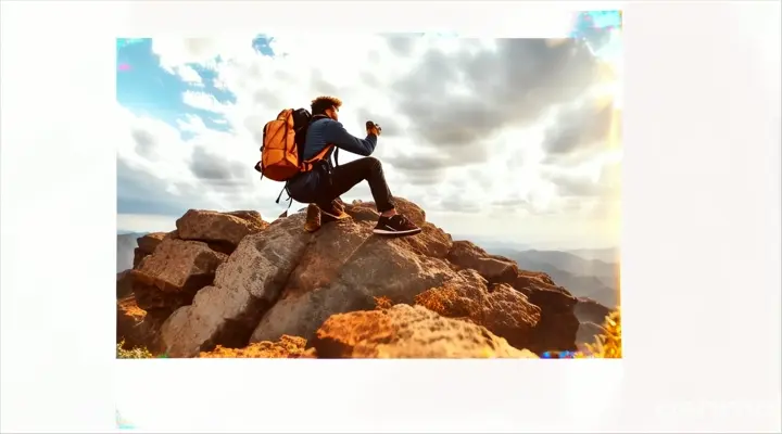 a man with a backpack sitting on top of a rock