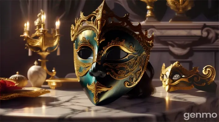 The Venetian mask lying alone on an ornate table, bathed in a soft, mystical light. The mask appears to have a life of its own, glowing faintly as if still holding the secrets of its past wearers. --ar 16:9