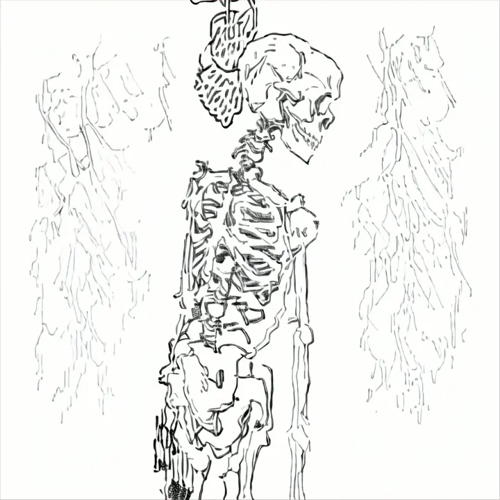 a black and white drawing of a skeleton hanging on a rope